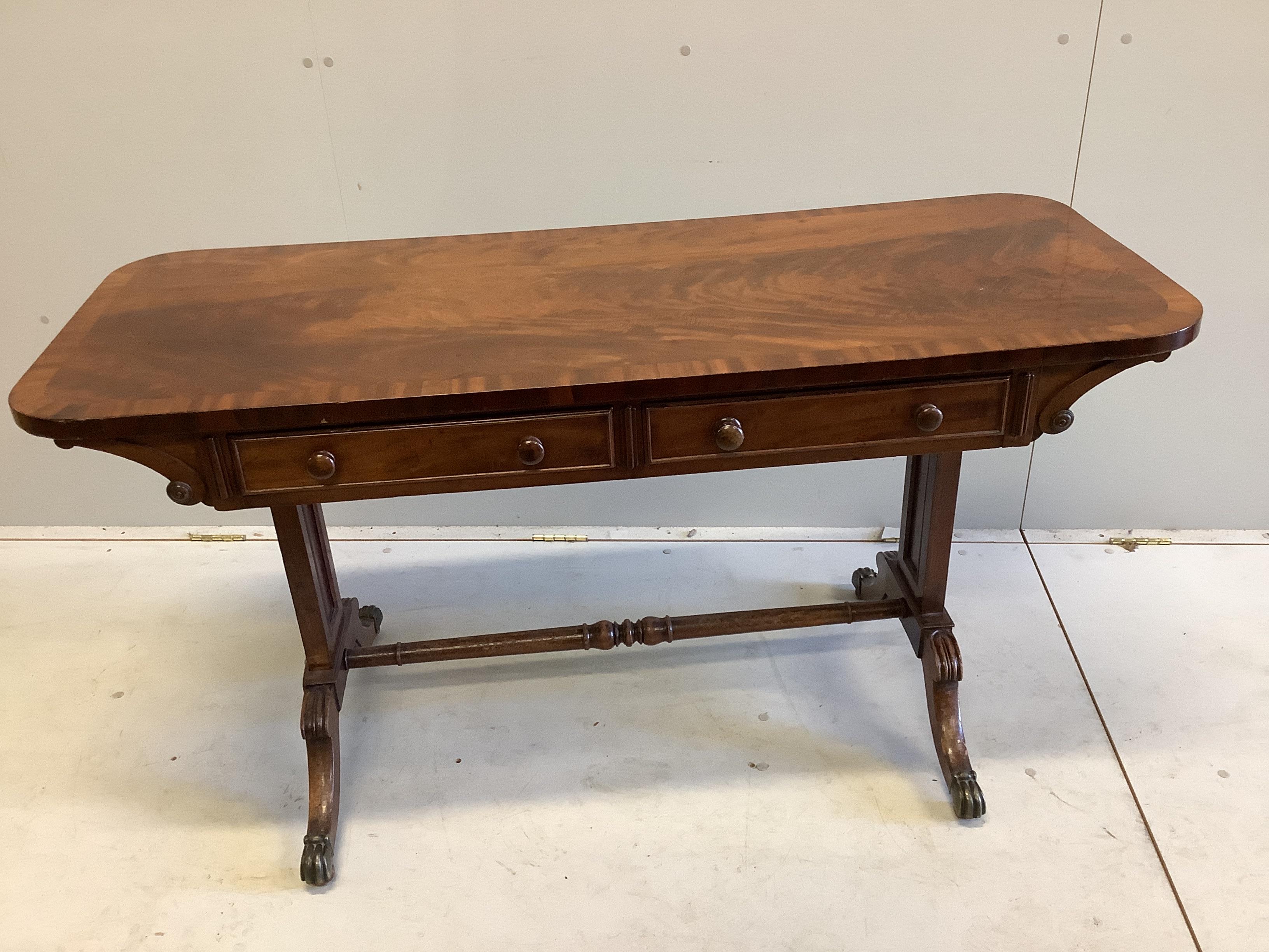 A Regency rectangular banded mahogany two drawer centre table, width 132cm, depth 53cm, height 71cm